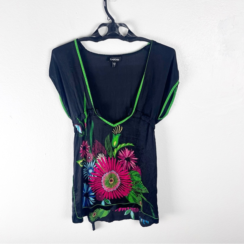 BEBE 100% Silk Black Floral Swimsuit Cover Up Size Medium Beach Coastal Boho